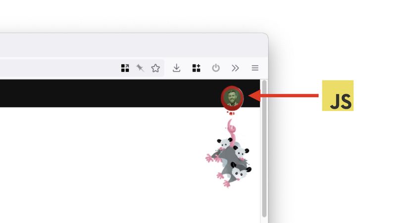 Zoomed in screenshot of the Eleventy Possum Logo on 11ty.dev with zachleat’s avatar in the middle of the ballon—an arrow is pointing to it from the JS logo